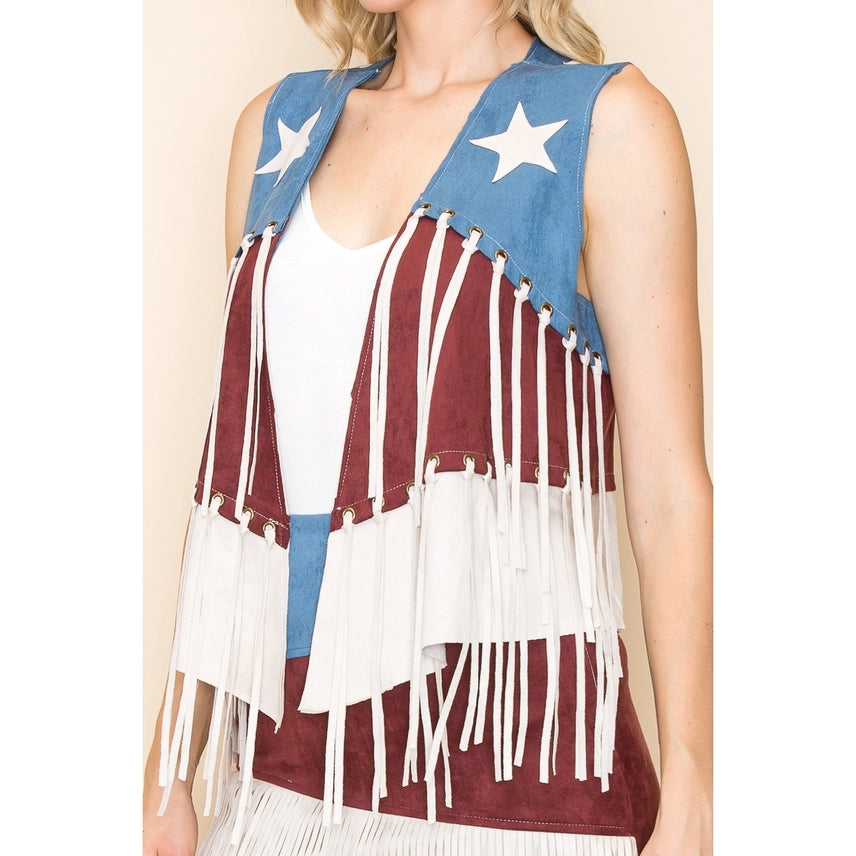 Women's Red White and Blue Suede Fringe Vest with Stars and Open Front