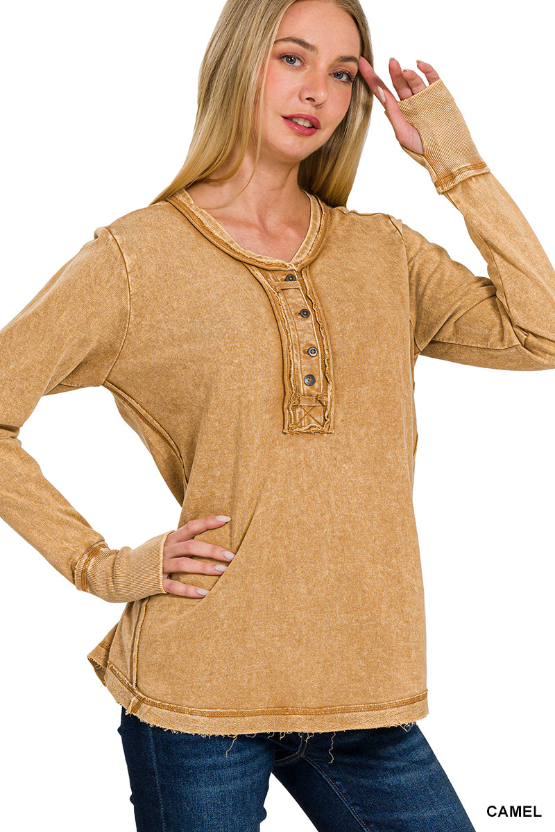 Washed Cotton Long Sleeve Top with Thumb Hole Cuffs & Button Closure – Raw Edge Detail