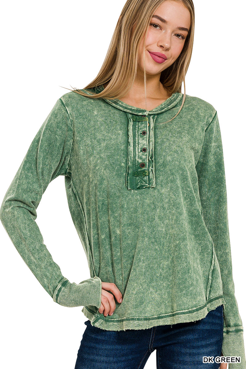 Washed Cotton Long Sleeve Top with Thumb Hole Cuffs & Button Closure – Raw Edge Detail