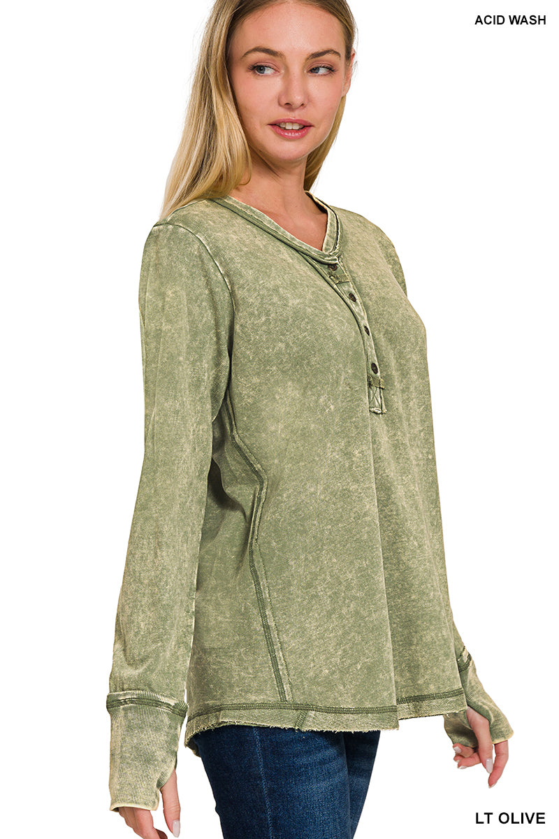 Washed Cotton Long Sleeve Top with Thumb Hole Cuffs & Button Closure – Raw Edge Detail