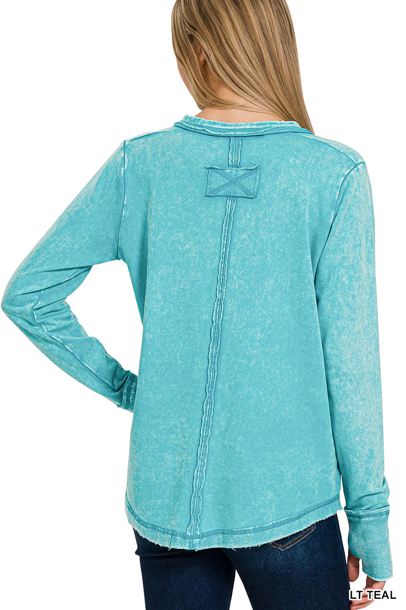 Washed Cotton Long Sleeve Top with Thumb Hole Cuffs & Button Closure – Raw Edge Detail