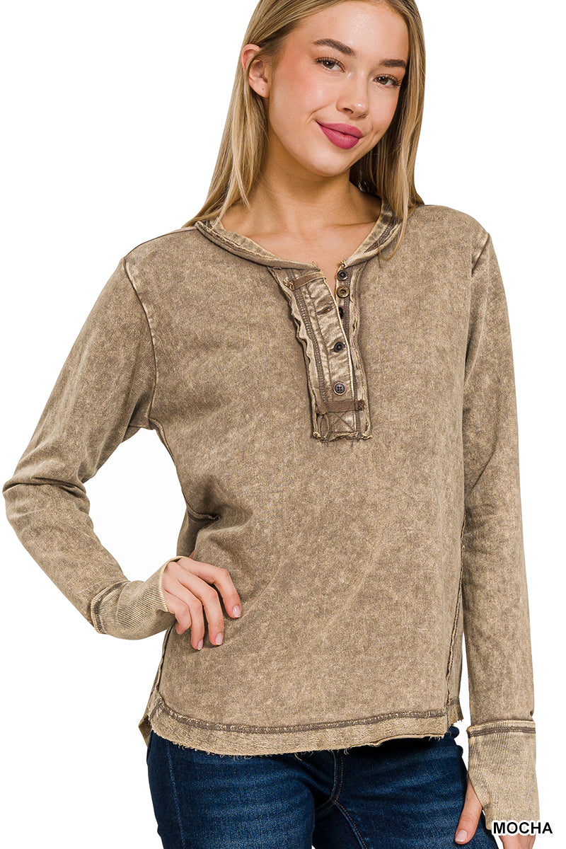Washed Cotton Long Sleeve Top with Thumb Hole Cuffs & Button Closure – Raw Edge Detail
