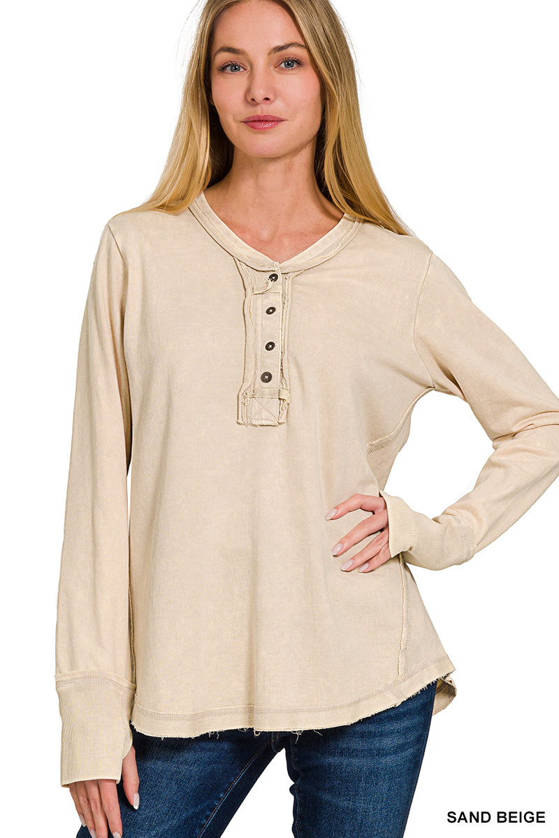 Washed Cotton Long Sleeve Top with Thumb Hole Cuffs & Button Closure – Raw Edge Detail