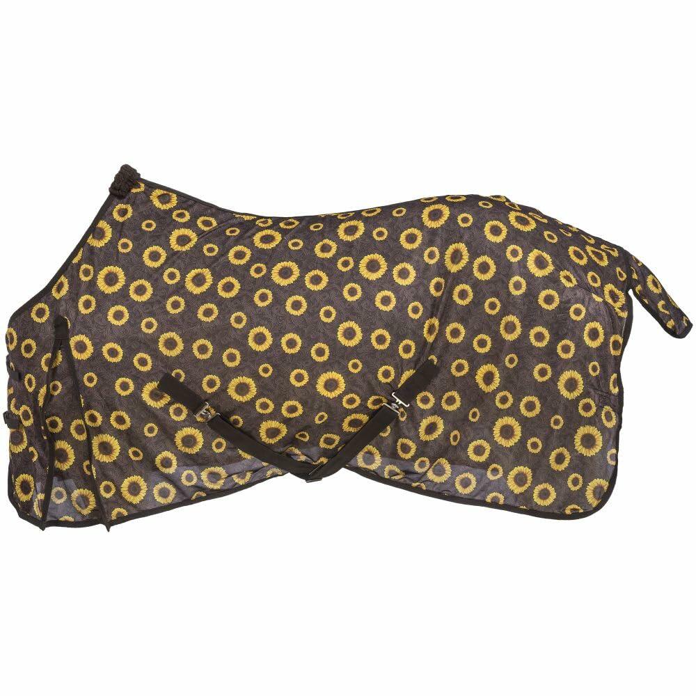 Lightweight poly mesh horse sheet with bright sunflower print, designed for summer cooling and insect protection.