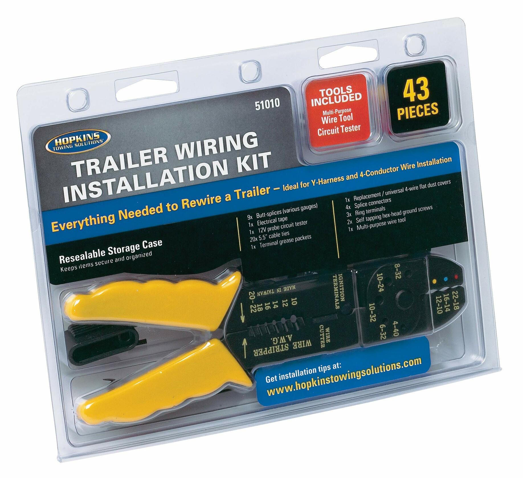 Complete trailer wiring kit with crimping tool, connectors, and wires by Hopkins