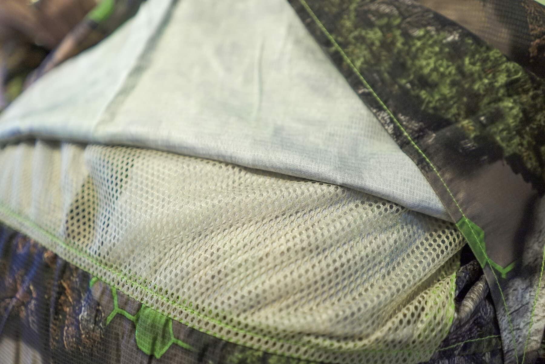 Close-up of a green and brown camouflage-patterned fabric with mesh pocket.