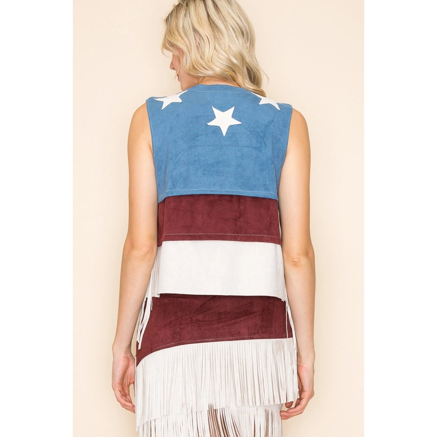 Patriotic Faux Suede Western Vest with Long Fringe for Rodeos and Festivals