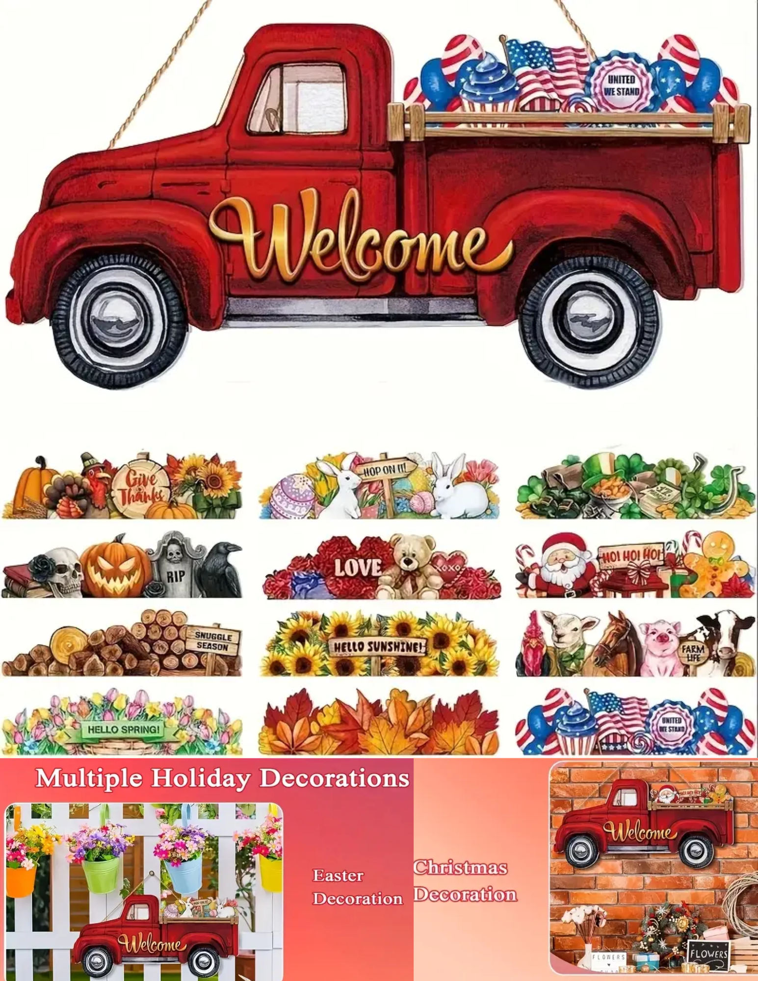 Red truck wooden welcome sign with interchangeable summer holiday icon on front door