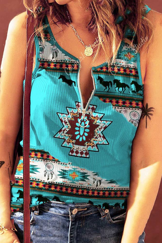 Turquoise Aztec Western Print Zipper Down Tank Top