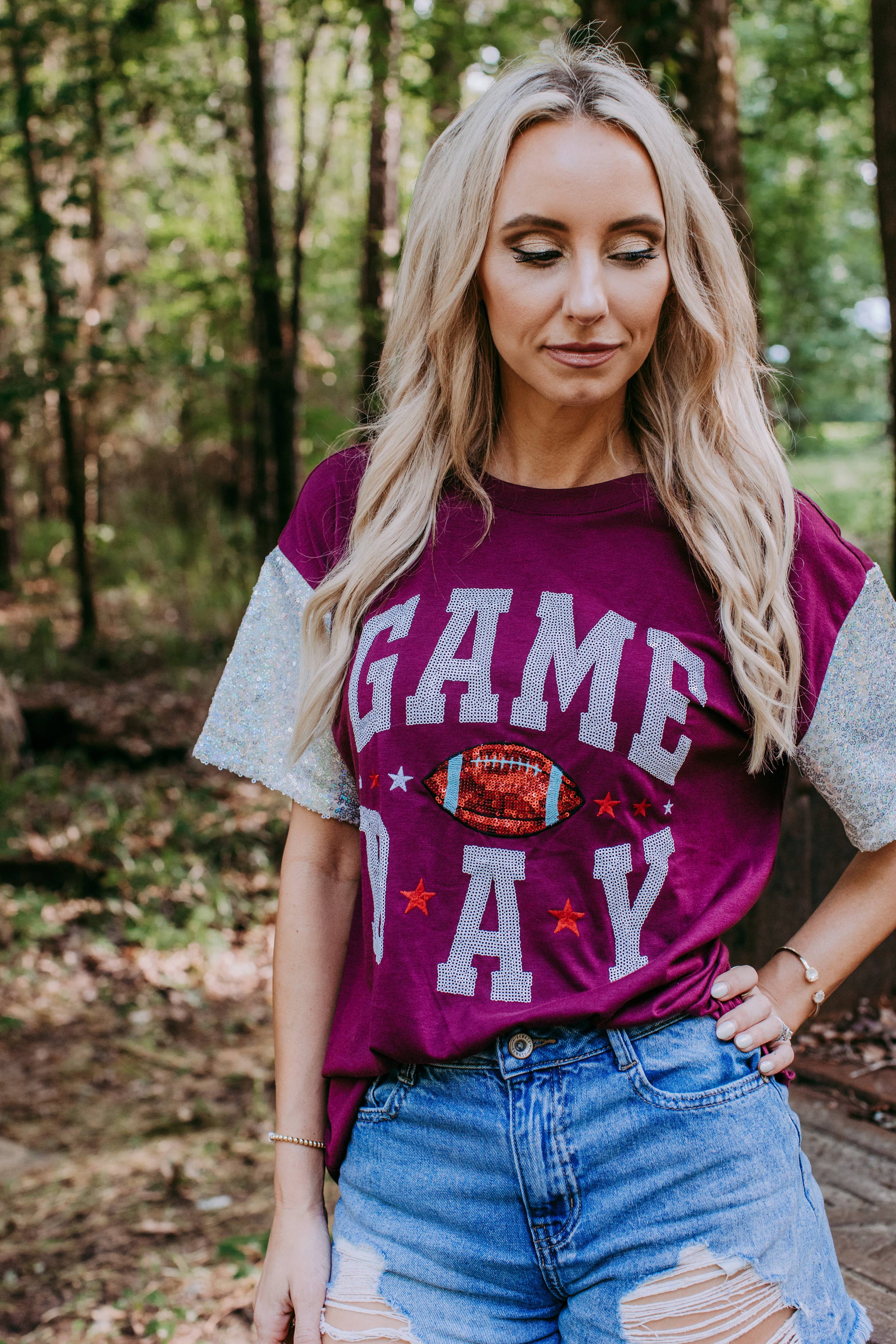Burgundy Game Day Tee with Sequin Sleeves – Merigold Kiss