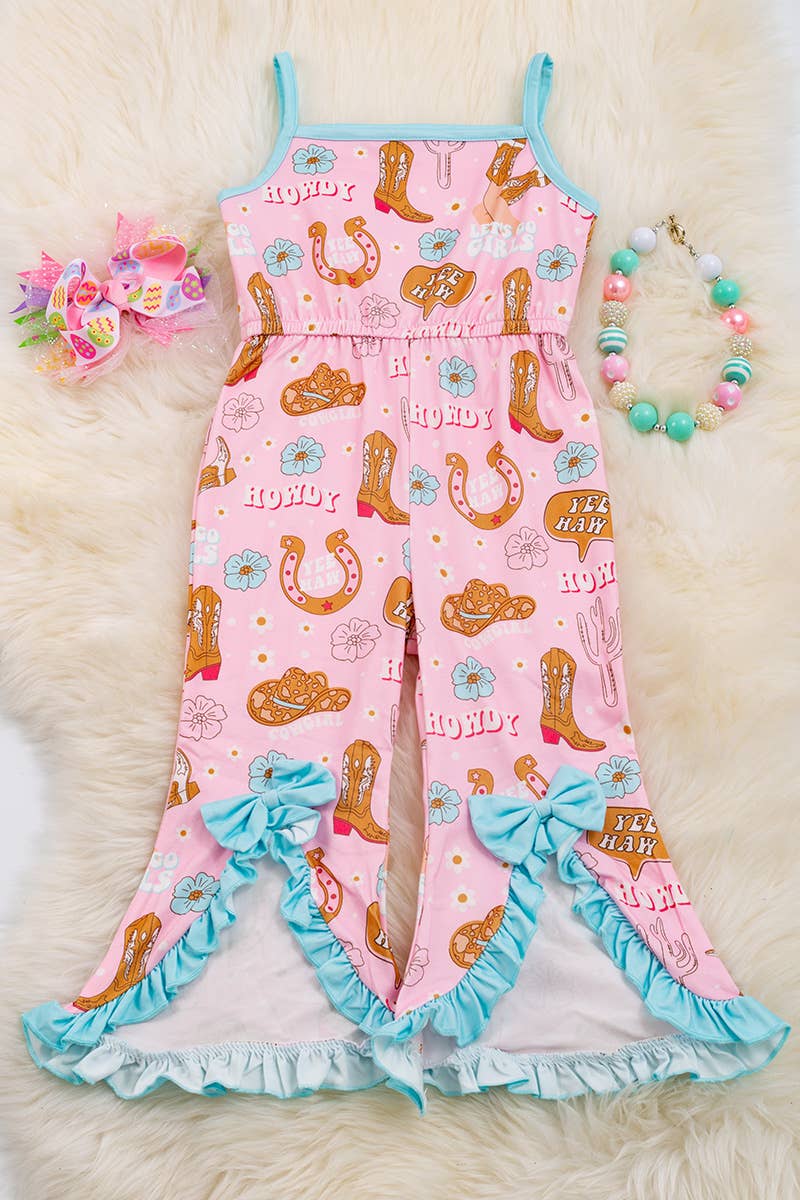 HOWDY" COWGIRL ROMPER WITH BOW DETAIL.