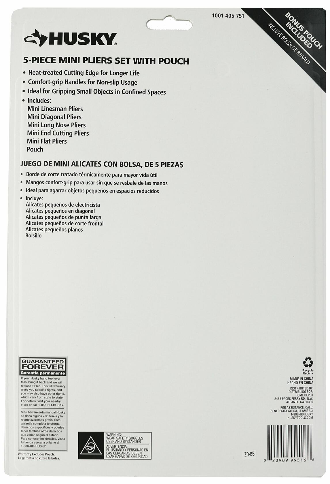 Husky 1052 Mini Pliers Variety Set for Electrical and Maintenance Applications (Set of 5, Zippered Pouch Included)