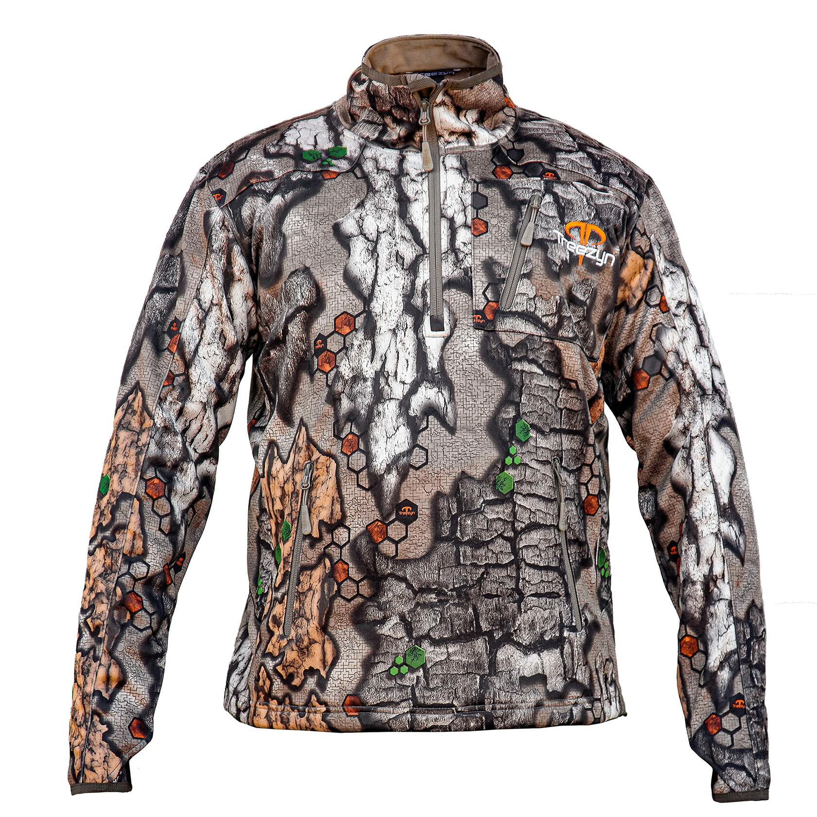 Camouflage hunting jacket with a brand logo on a white background