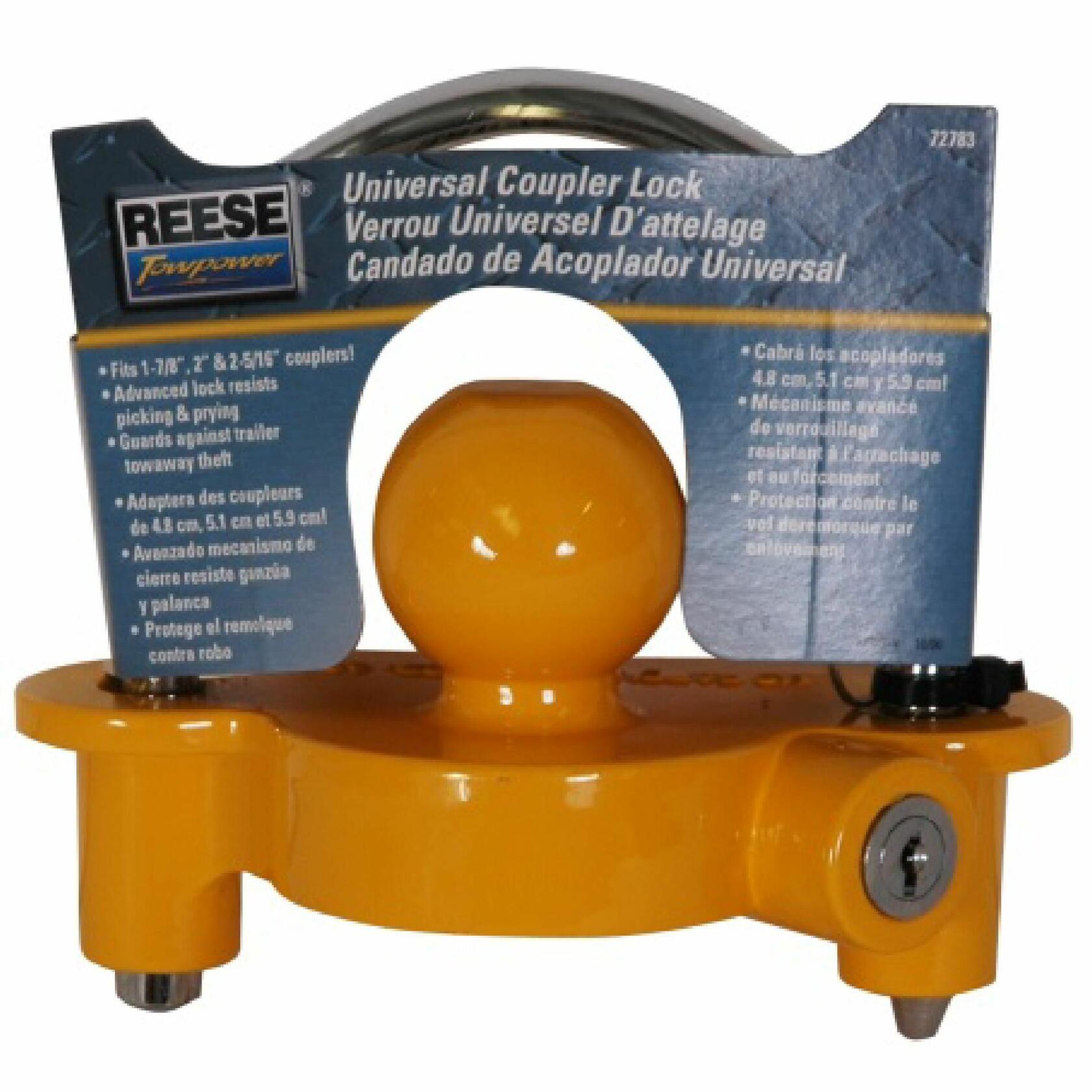 Yellow Reese coupling lock with packaging on a white background