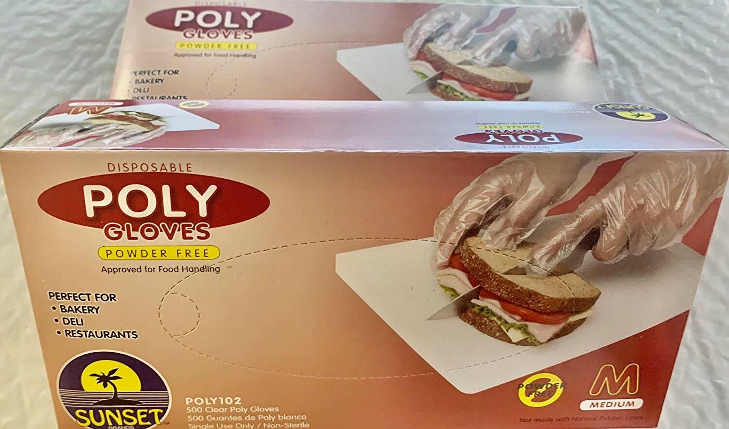 Box of Poly disposable gloves with a hand wearing a glove and handling food.