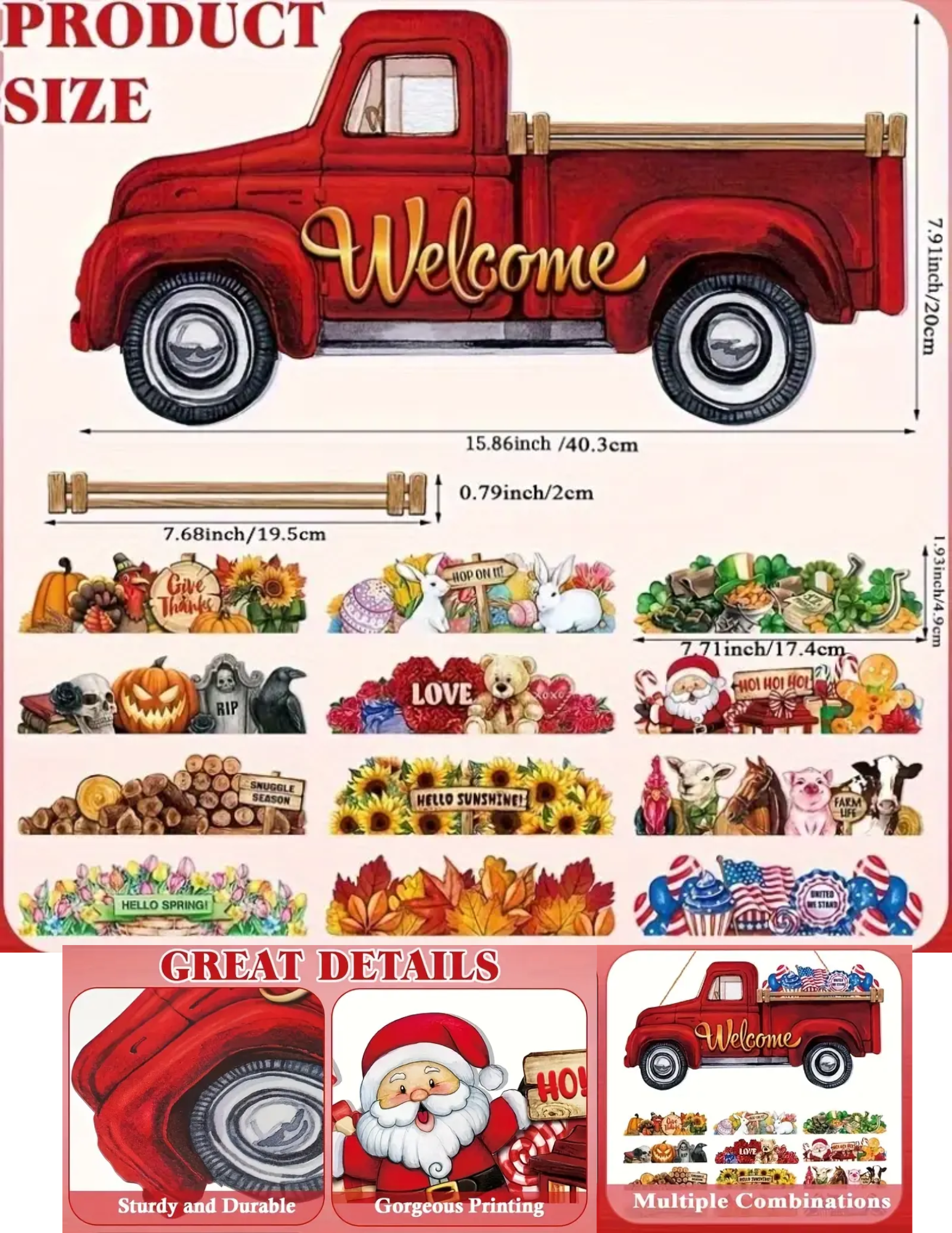 Close-up of hand-painted Easter and Valentine’s Day interchangeable icons for red truck welcome sign