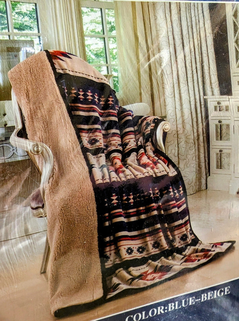 Aztec Blanket laying on a chair inside of a house.
