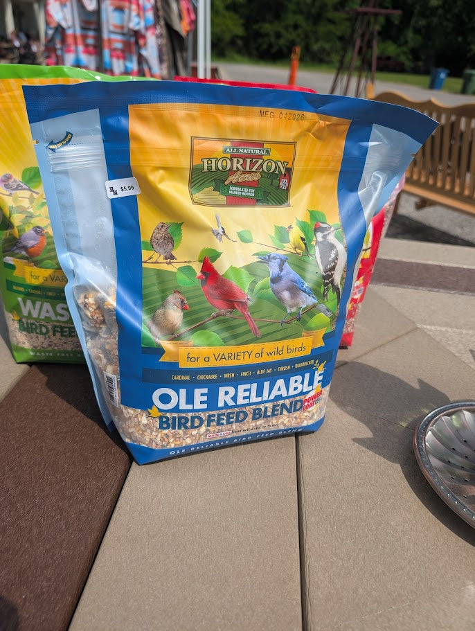 Up-close bag of Horizon Acres Ole Reliable Bird Feed. 