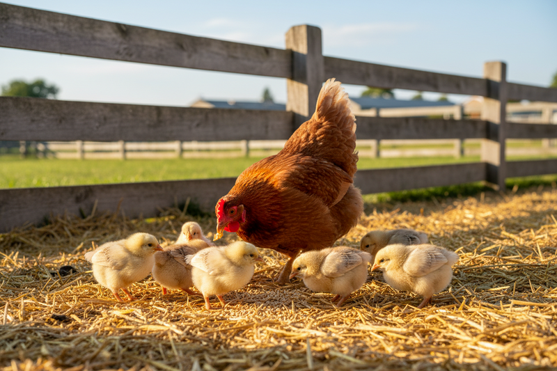A hen and her chicks eating in a barnyard