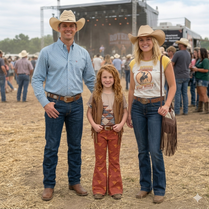 Family wearing Western apparel, including cowboy hats, denim shirts, and jeans on a ranch, available at Ranch Mart.