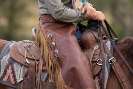 A horse with a saddle and tack with a person wearing chaps riding
