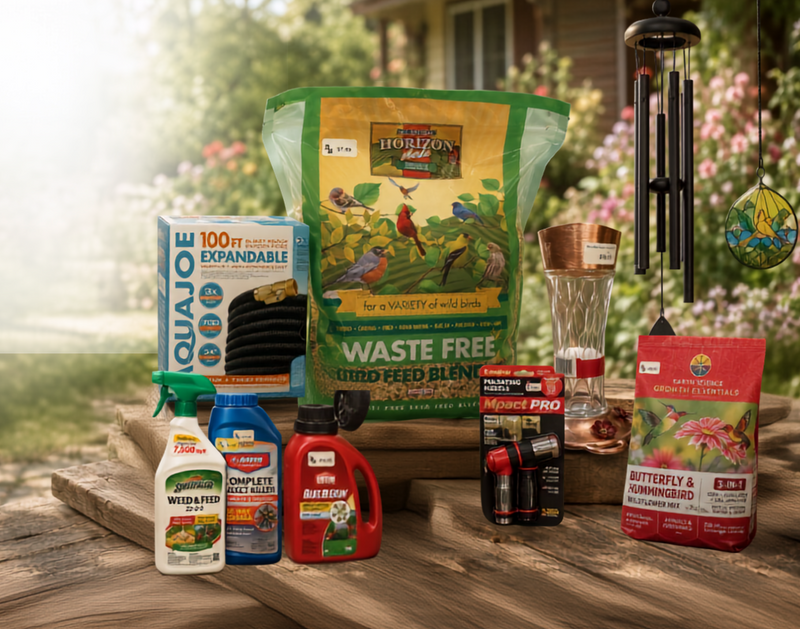 A collection of outdoor lawn and garden products arranged together, including a large bag of Earth Science grass seed, various brands of bird feeders, solar-powered pathway lights, a garden hose, insect control spray, and bird food.
