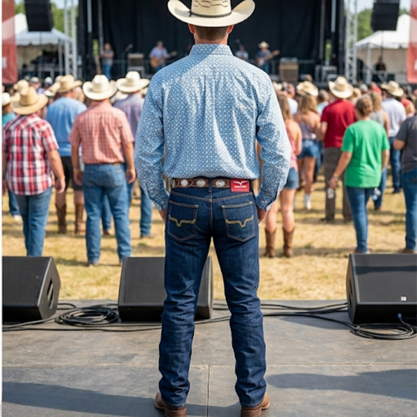“Men’s western and everyday clothing – shirts, jeans, and jackets available at Ranch Mart.”