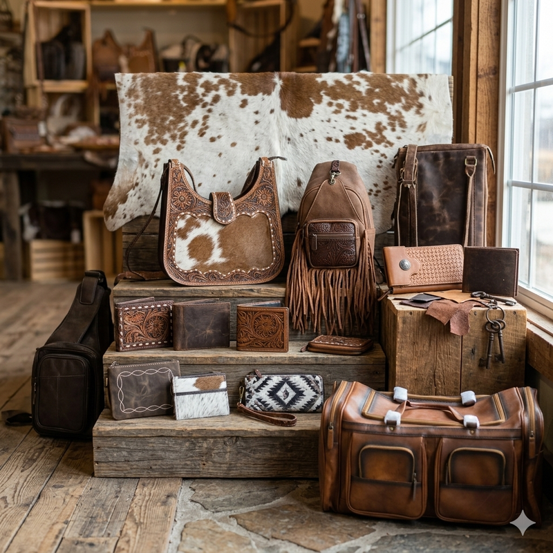 Western genuine leather and hair-on cowhide purses, crossbody bags, and wallets available at Ranch Mart.
