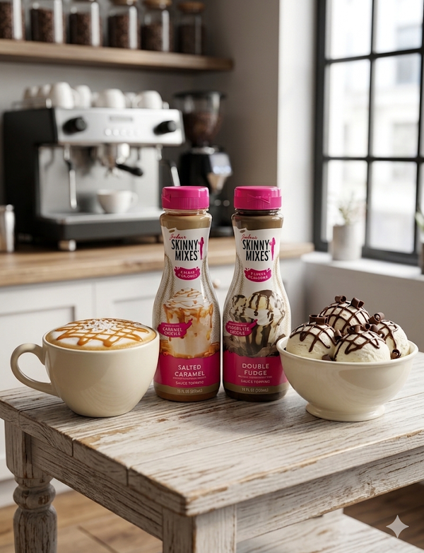 Jordan's Skinny Mixes Sauces with bowl of ice cream and a mug of cappuccino