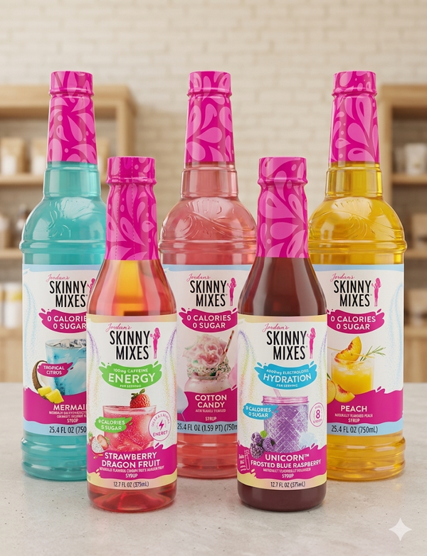 Jordan's Skinny Mixes fruity water flavors and zero sugar beverage syrups available at Ranch Mart.