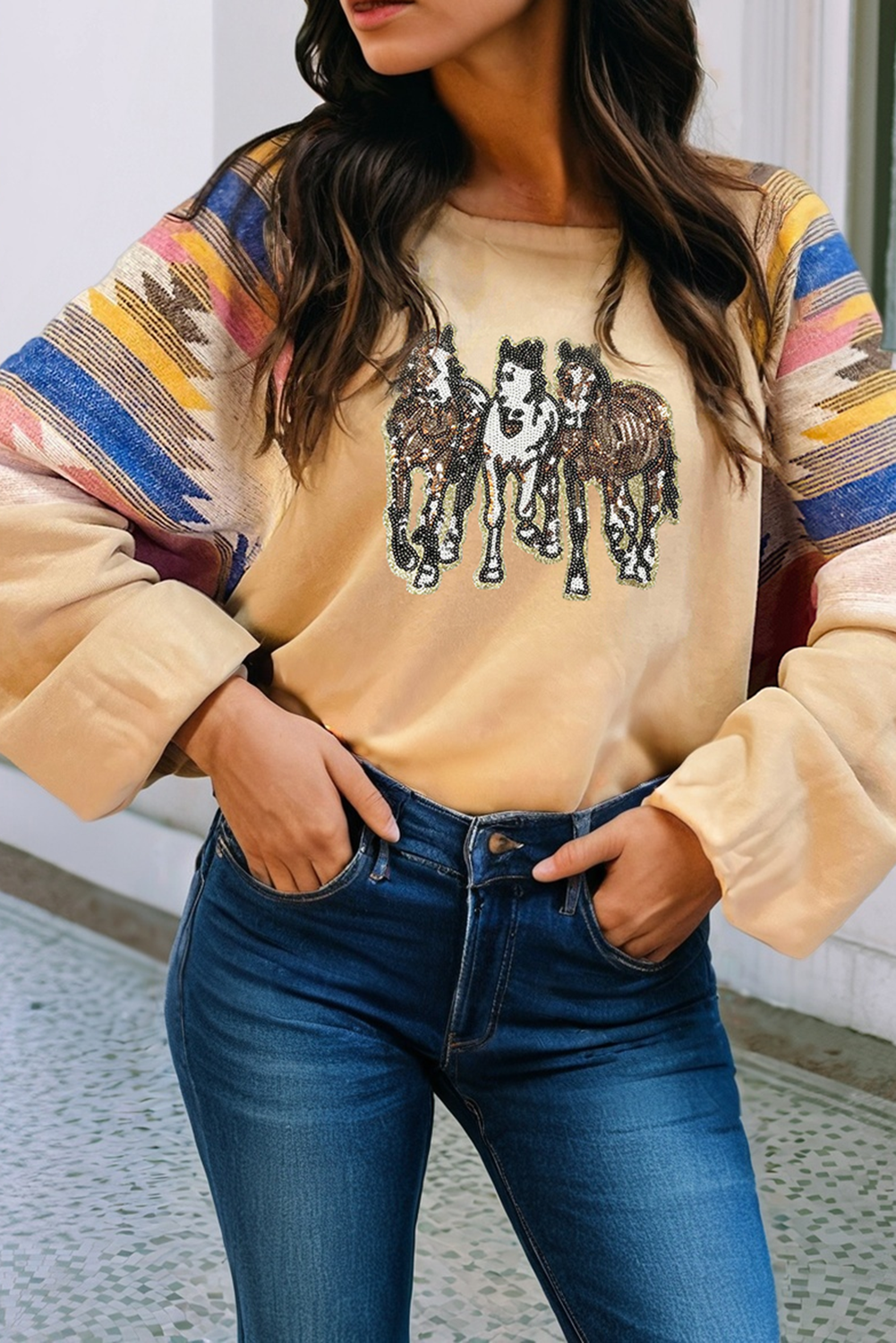 “Western Aztec sweatshirt with sequined horse design, lightweight cozy graphic pullover.”