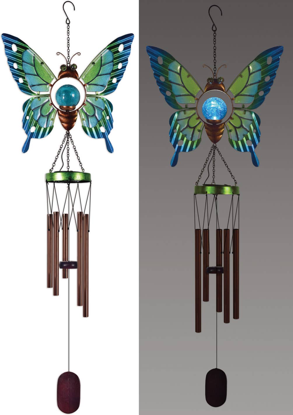 Butterfly-shaped wind chime with blue and green wings on a white background