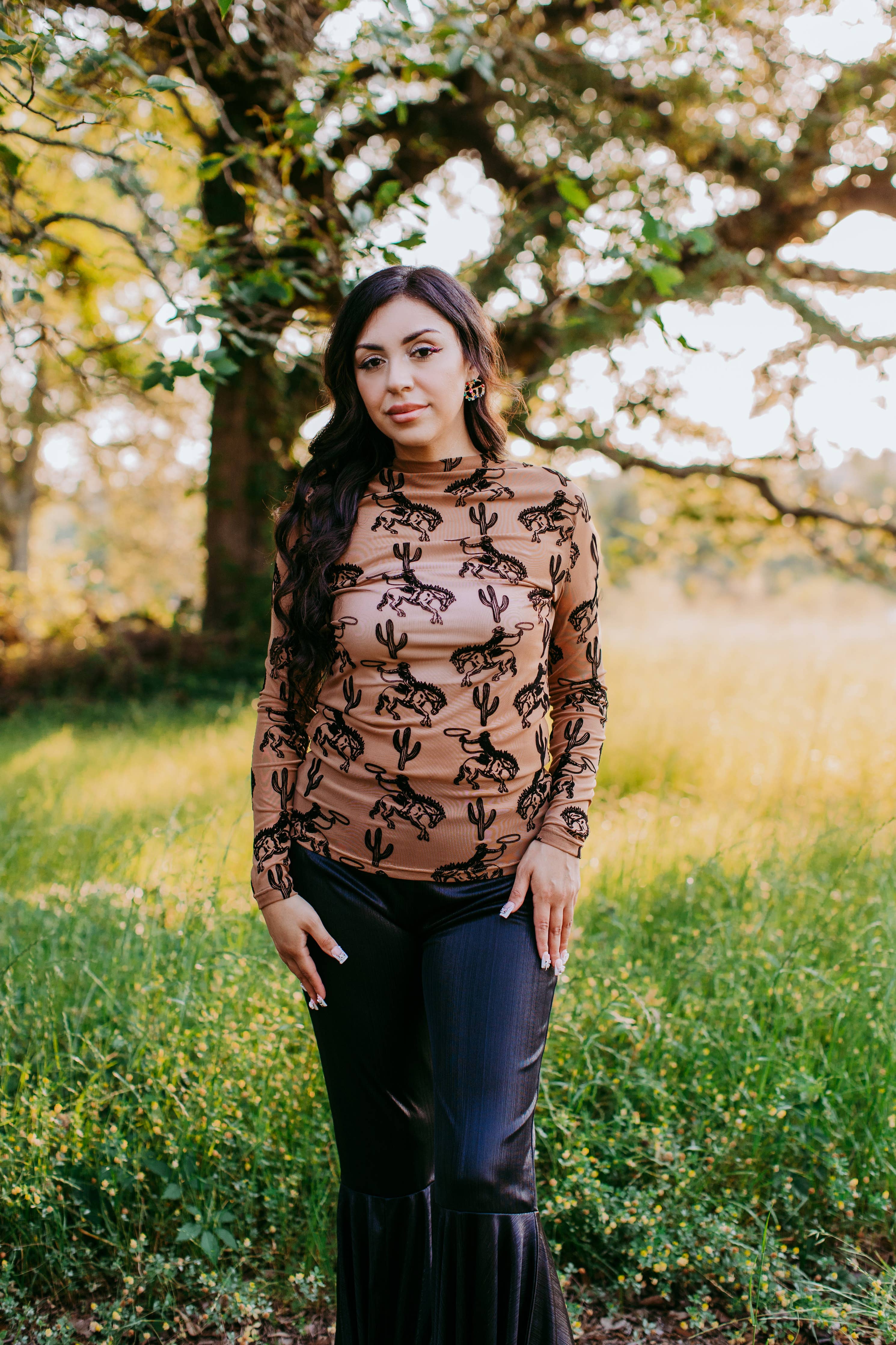 Velvet Cactus & Cowboys Brown Mesh Top – Western Print 3D Cactus & Cowboy Design