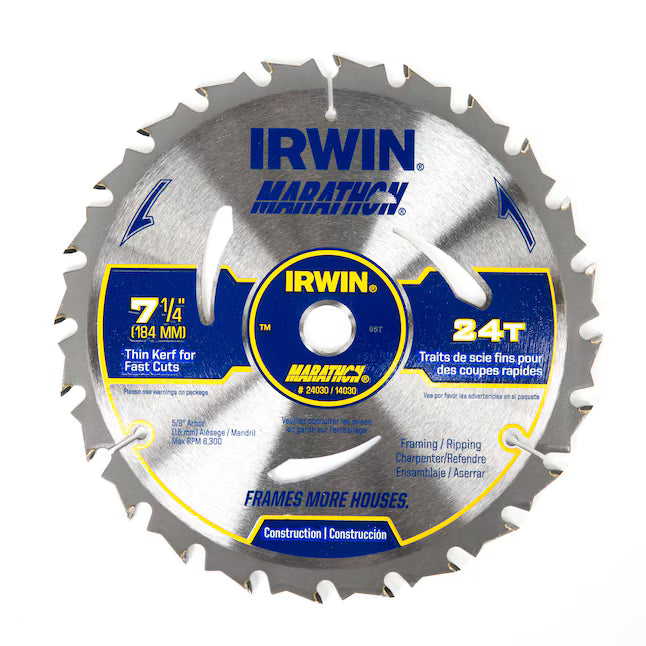 Irwin Marathon 7-1/4 inch 24-tooth circular saw blade packaging for framing and general purpose wood cutting.