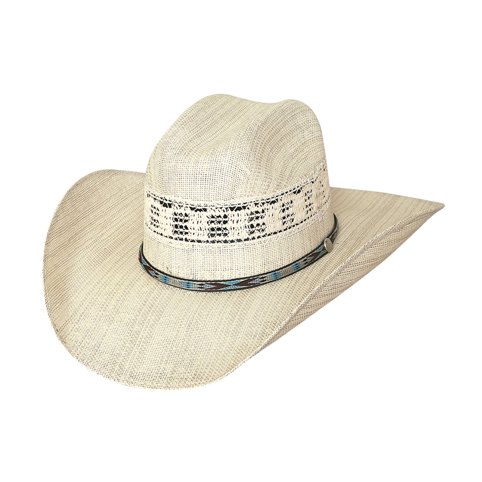 Bullhide Crossfire 10X Cowboy Hat – Premium Manhattan Straw Western Hat with a teal and brown hat band.