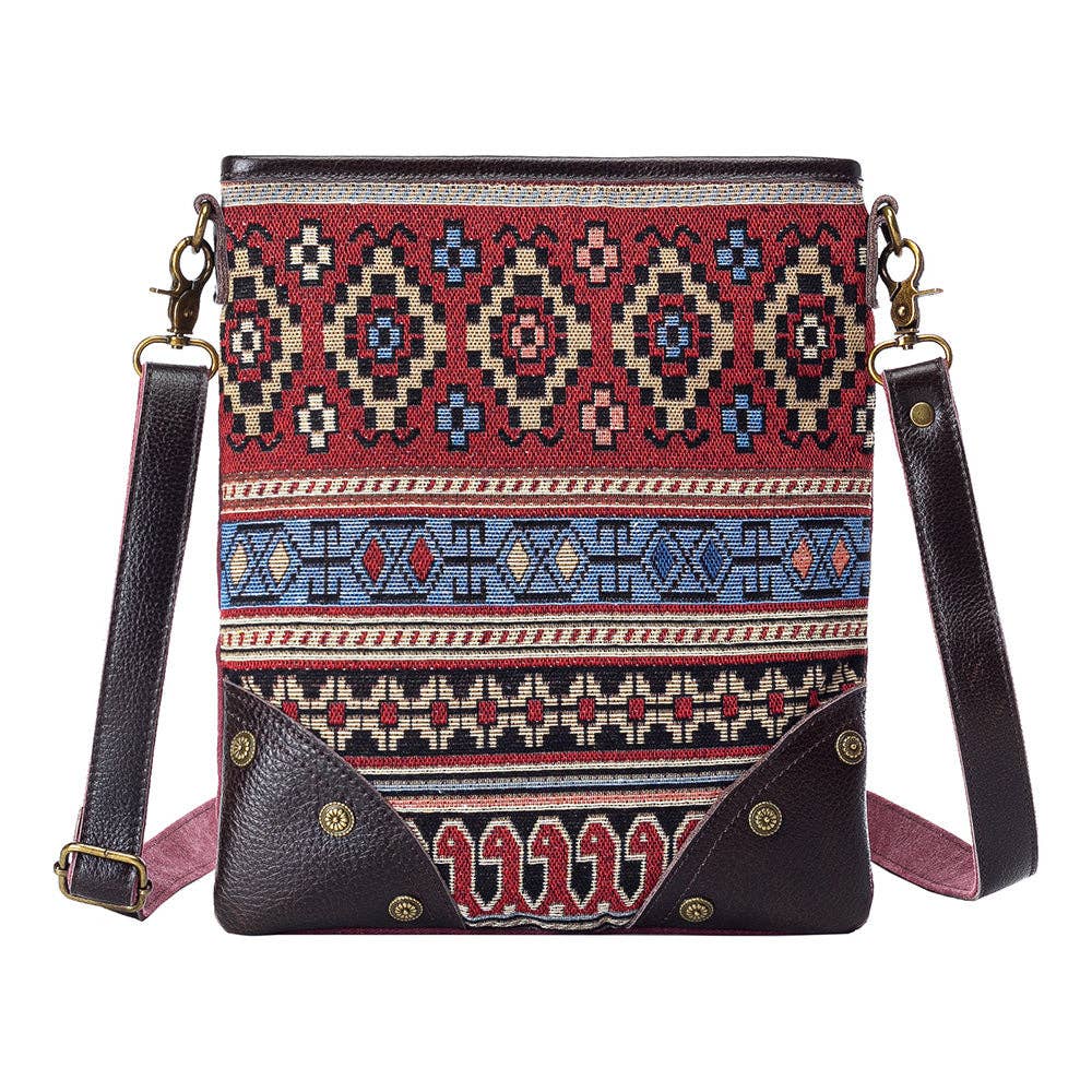 Crossbody bag with a colorful pattern on a white background