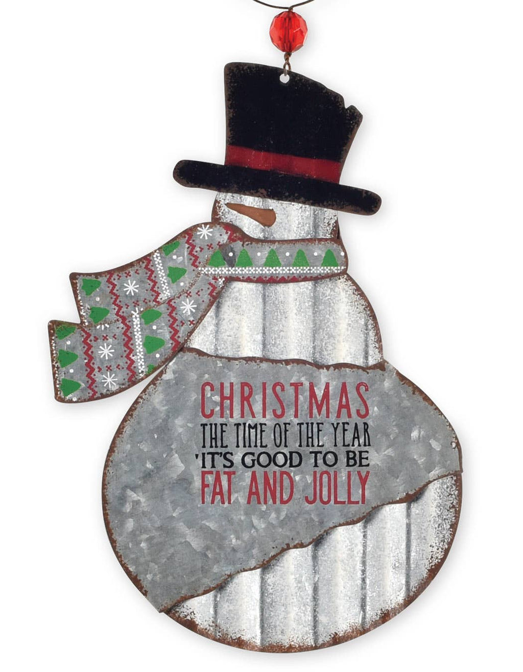 A rustic metal snowman Christmas ornament with a galvanized silver body, a black top hat with a red band, a green and red patterned scarf, and text