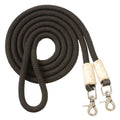 Black corded nylon contest rein with genuine rawhide accents and dual silver scissor snaps.