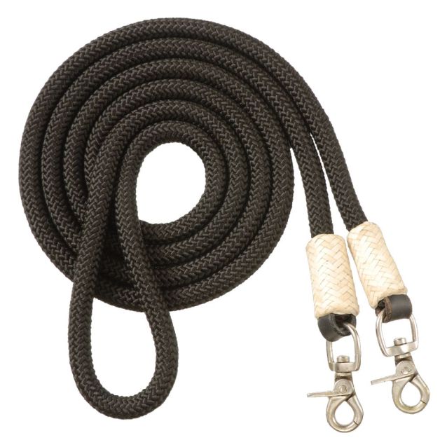 Black corded nylon contest rein with genuine rawhide accents and dual silver scissor snaps.