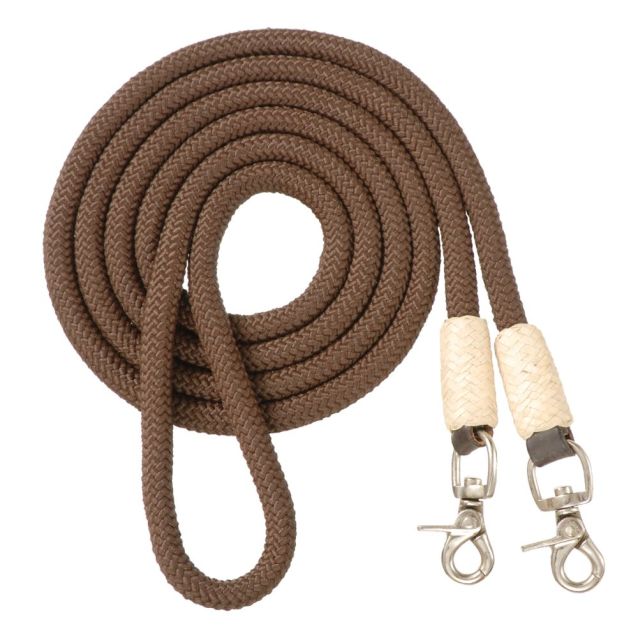 Brown corded nylon contest rein with genuine rawhide accents and dual silver scissor snaps.