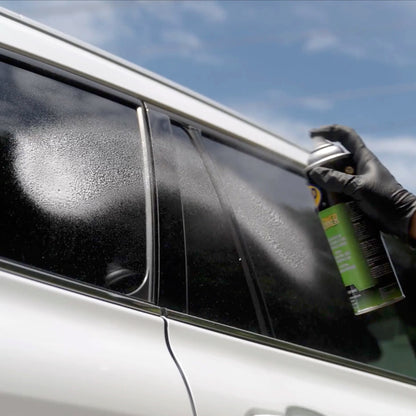 Person cleaning car windows with a spray bottle against a blue sky.