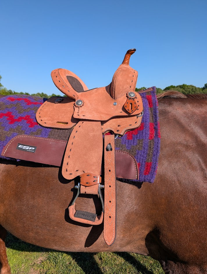 10in high back barrel saddle on a horse right side view. 