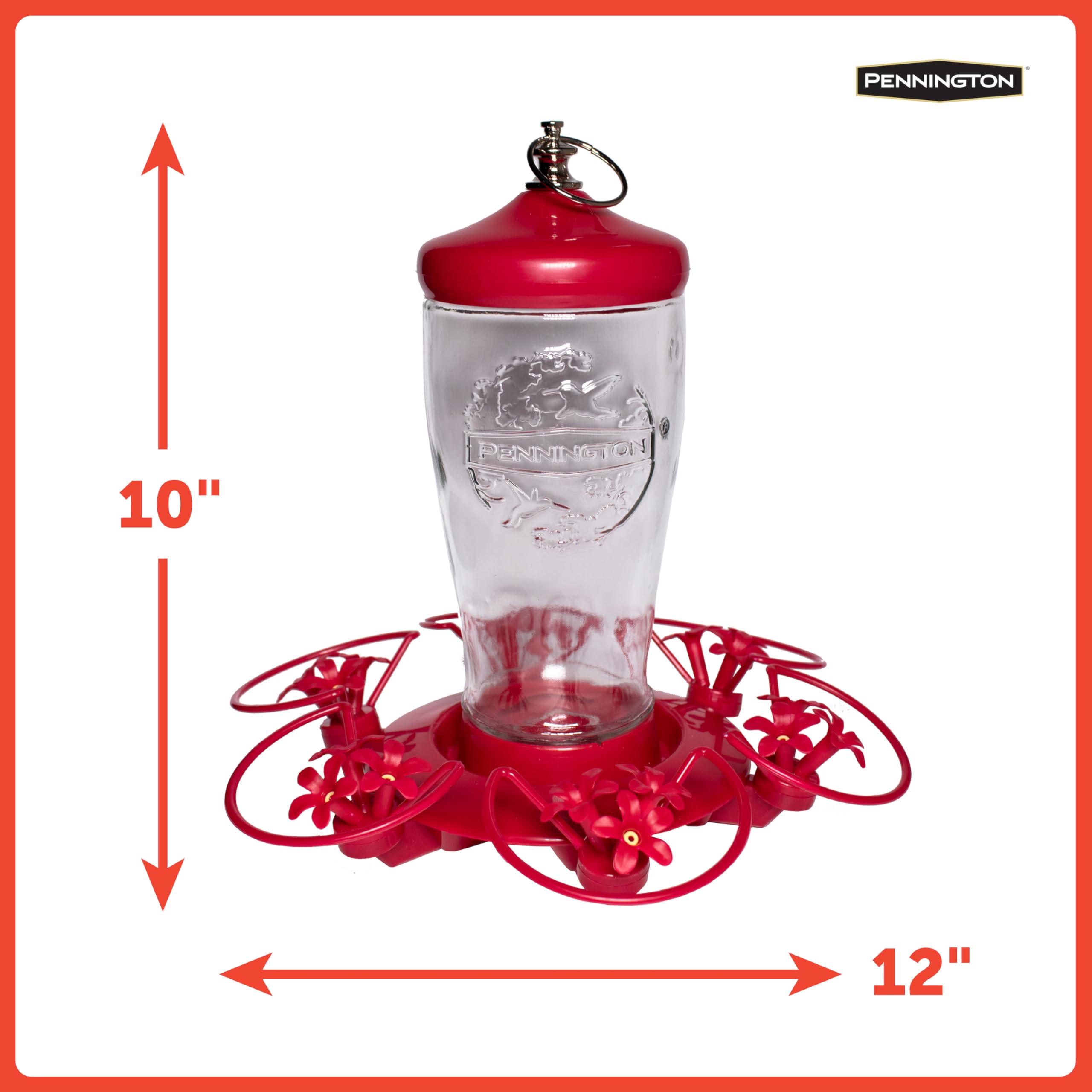 Red and clear hummingbird feeder with measurements 