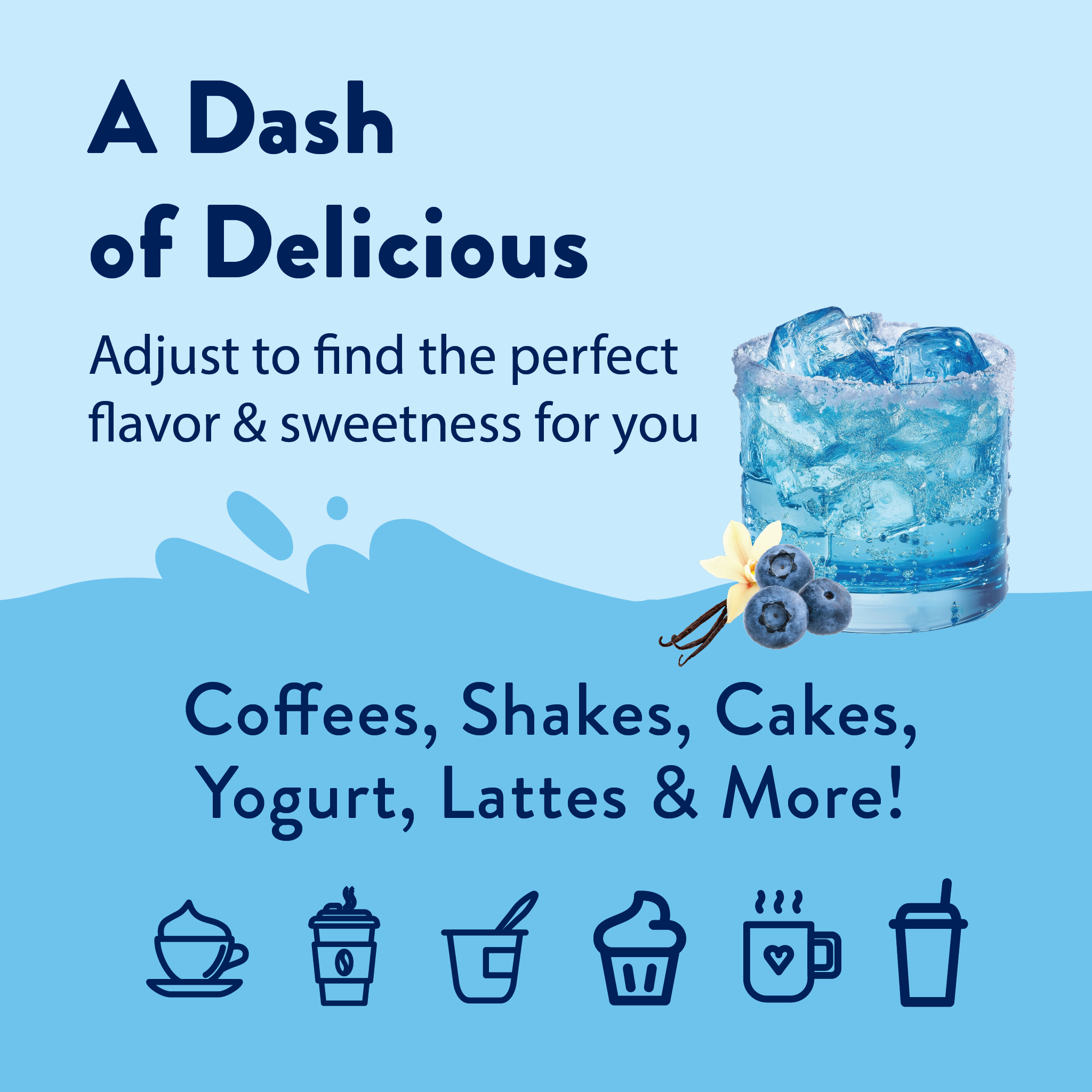 Promotional graphic for a product with text and a glass of blue liquid on a blue background.