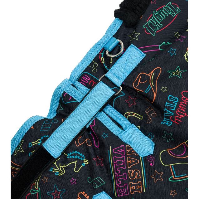 Close-up of Tough1 Snuggit neck adjustment hardware with teal straps and D-ring on Nashville Nights print horse sheet