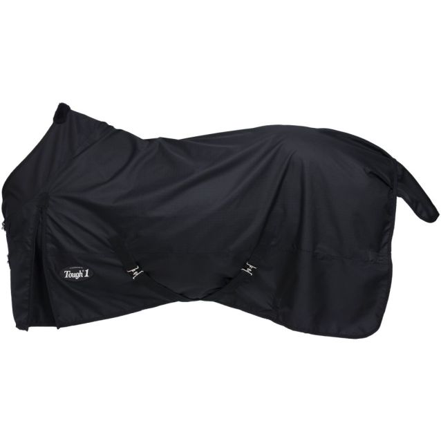 Tough1 1200D waterproof horse turnout sheet in black with double buckle front closures and shoulder gussets.