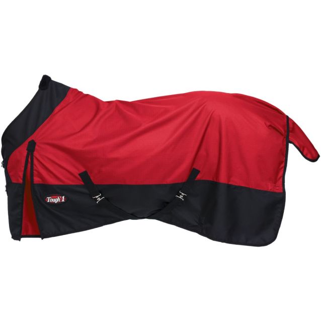 A red and black horse turnout blanket with a small white and red 'Tough 1' logo on the lower left.
