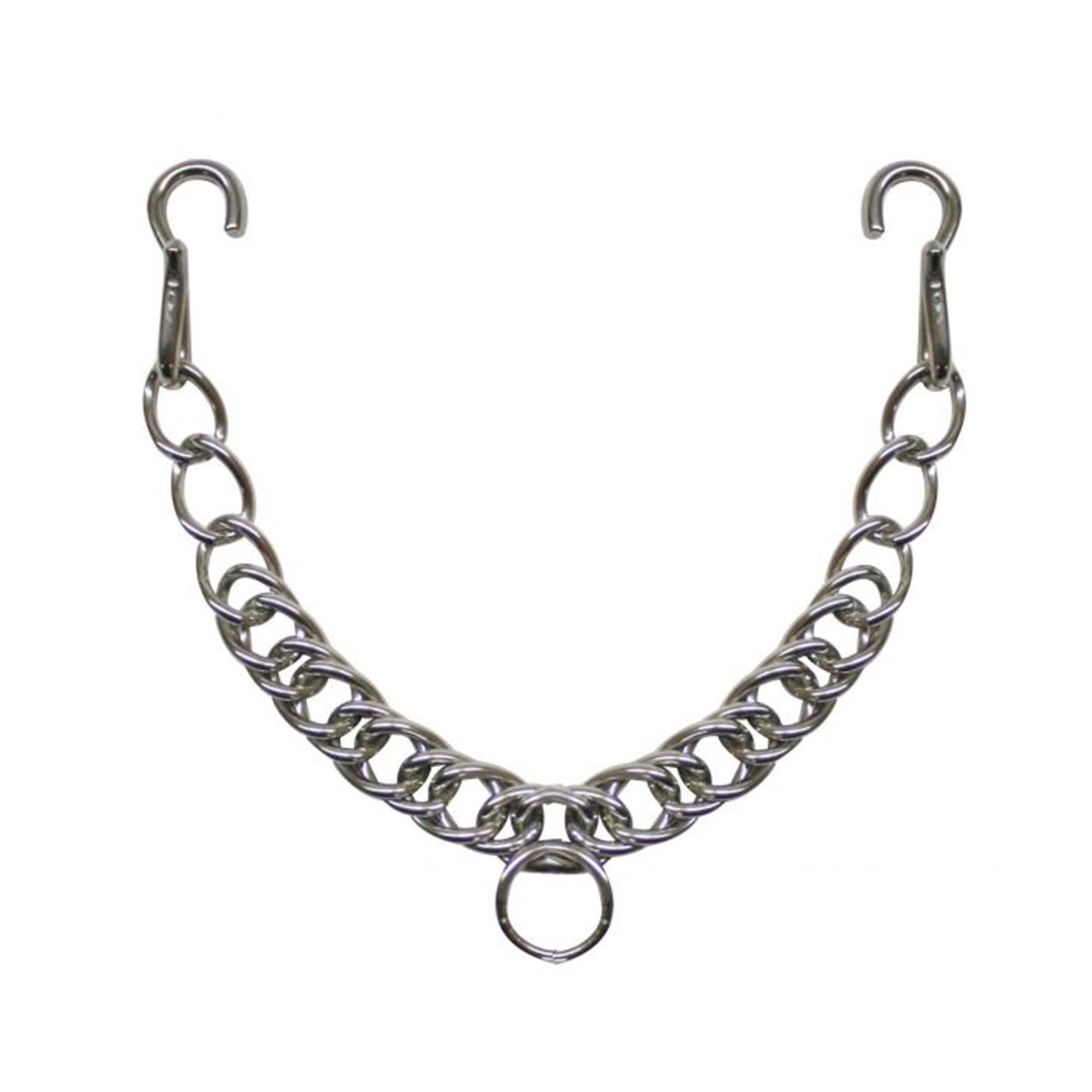 13 inch stainless steel curb chain with classic flat links and a central attachment ring for English, Gaited, and western horse bits.