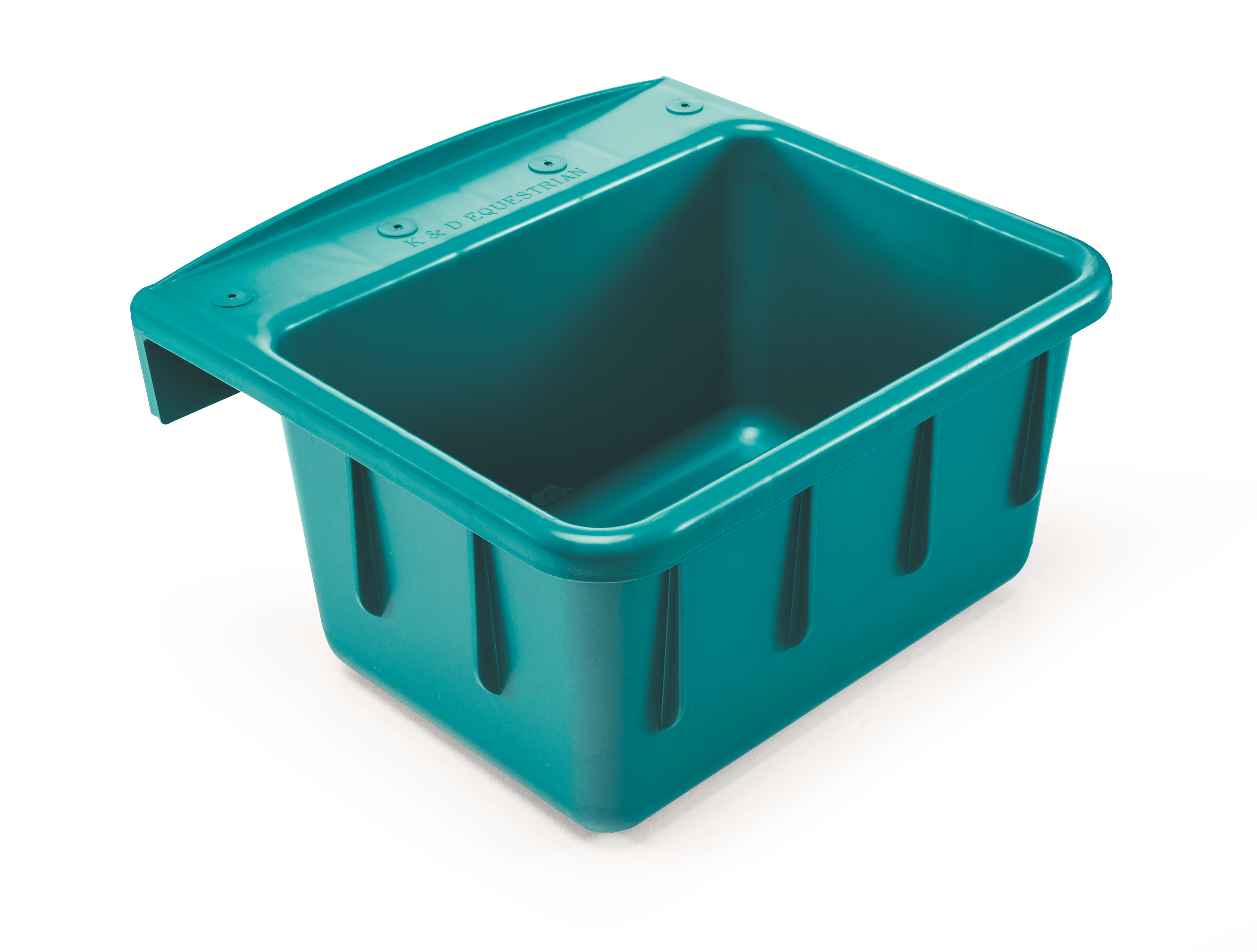 Teal plastic crate on a white background
