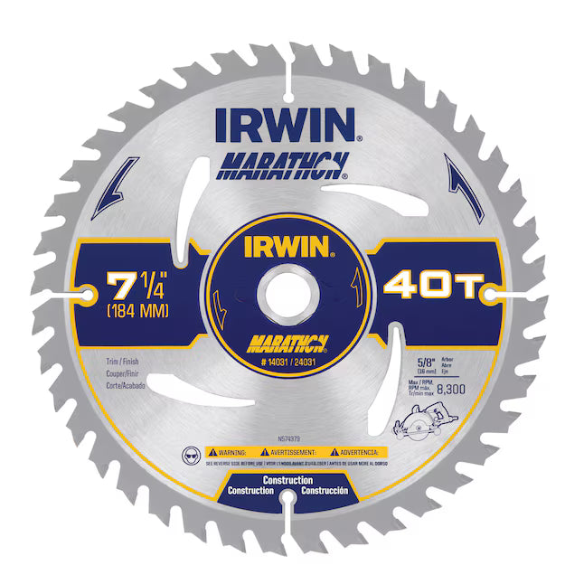 Irwin 7-1/4 inch 40-tooth carbide circular saw blade for fine finish wood cuts.
